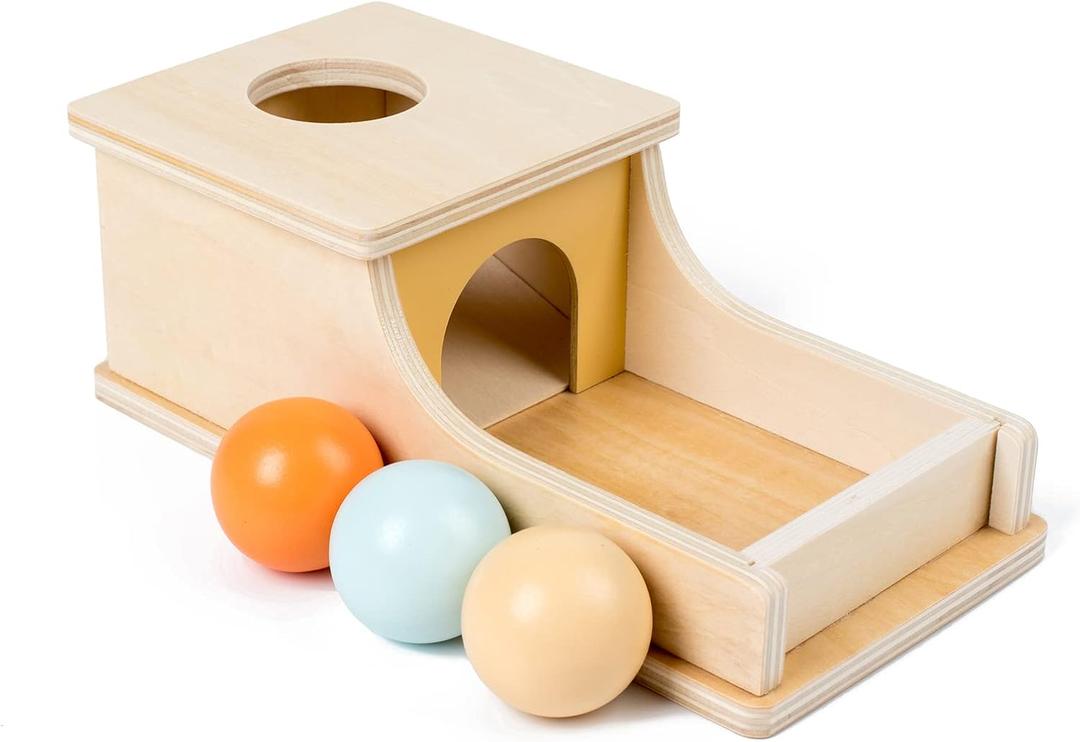 Busy edition Montessori Toys for Babies 6-12 Months Object Permanence Box Wooden Ball Drop Toy Play for 6 Month 1 2 3 Year Old Toddlers Infant Early Age Toy (Middle, Orange/Yellow/Light Blue)