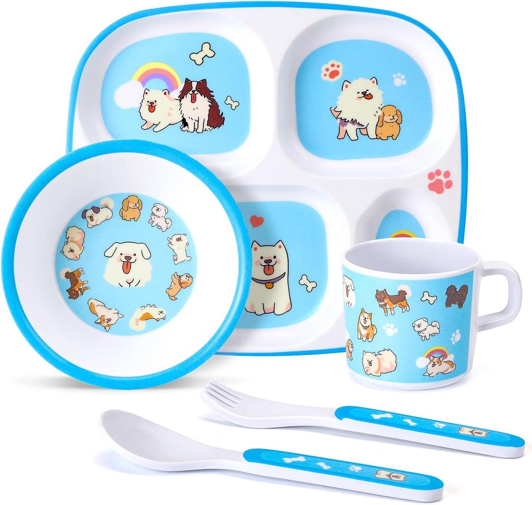 5-Piece Kids Melamine Dinnerware Set  Plate, Bowl, Cup, Fork & Spoon  BPA-Free, Durable & Lightweight Cartoon Set for Toddlers (Puppy Band)