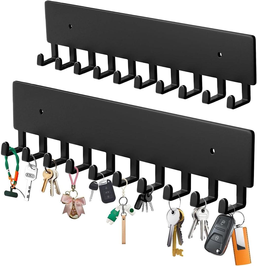 Key Holder Wall Mount with 10 Hooks - Key Rack Organizer for Entryway, Kitchen & Office, Screw-in Mounting, 2 Pack, 14 Inch