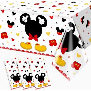 3pcs Mouse Birthday Tablecloth Red Mouse Head Cartoon Plastic Table Cover Disposable Table Party Decoration for Boys (108"L x 54"W)