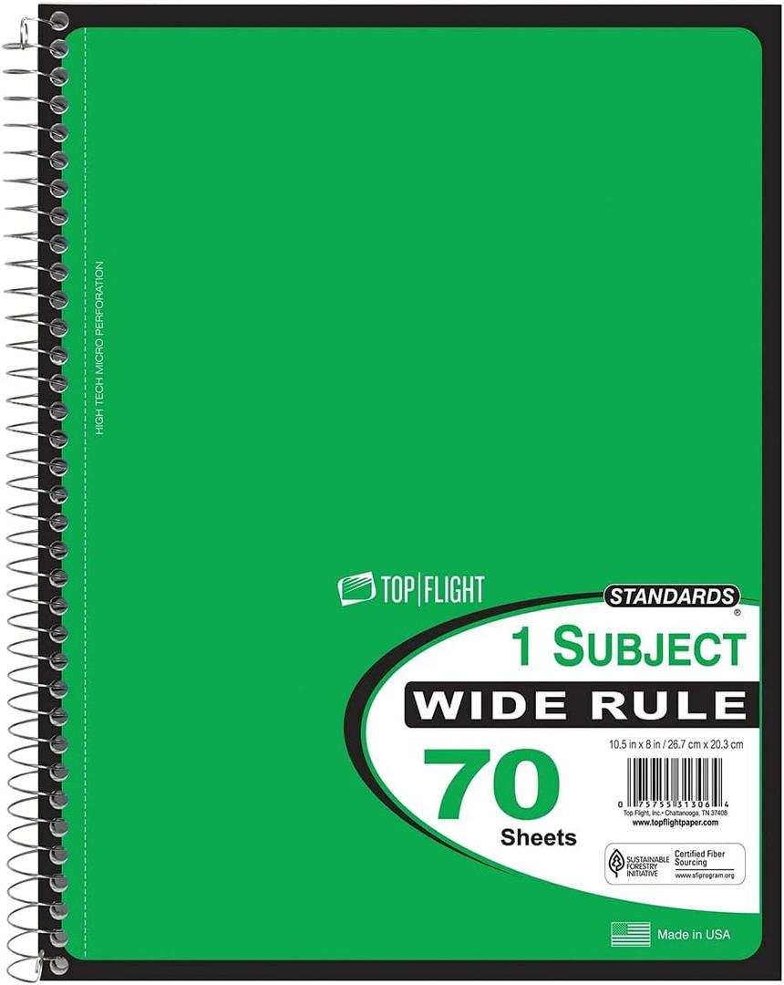 Top Flight Spiral Notebook, 1 Subject, 70 Wide Ruled Sheets, Green