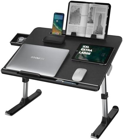 Laptop Desk for Bed, NEARPOW XXL Bed Table for Laptop and Writing, Adjustable Computer Tray Foldable Laptop Stand for Bed or Sofa W/Anti-Slip Faux Leather, Removable Stopper, Book Stand & Drawer Black
