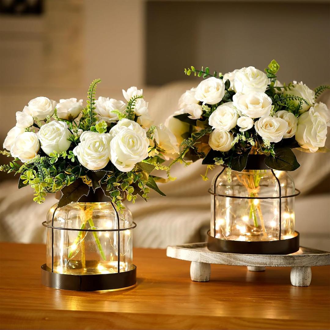 2 Set Vintage Glass Vase Rustic Farmhouse Lantern Decor with Artificial Plants Lights Decorative Clear Vase for Home Decor Floral Arrangement Dining Table Centerpieces (White Rose)