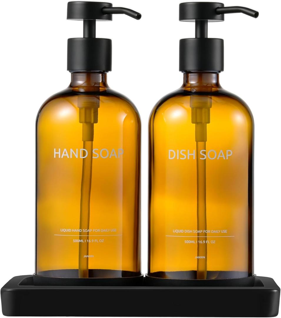 Glass Kitchen Soap Dispenser Set with Ceramic Tray,16.9 floz Hand and Dish Soap Dispenser for Kitchen and Bathroom Decor (Amber Bottles + Black Pumps)
