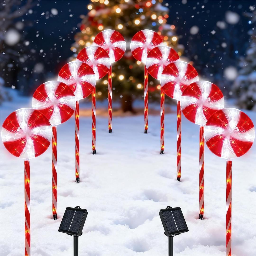 BRIGHTDECK Lollipop Solar Christmas Pathway Lights Outdoor, 10 Pack LED Christmas Decor with 8 Lighting Modes, Light Up Solar Stake Lights for Holiday, Xmas, Walkway, Sidewalk (Red, 10 PCS)