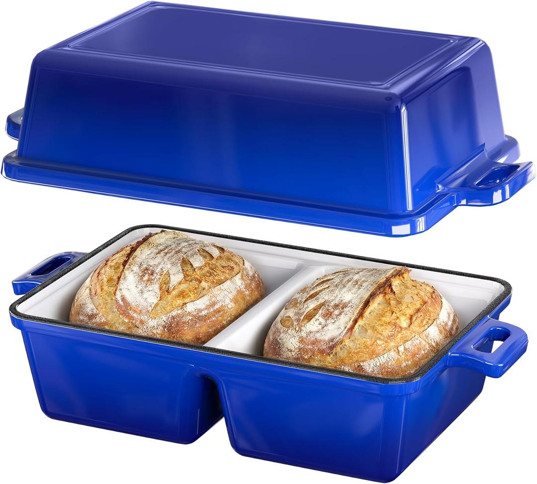 Double Dutch Oven for Sourdough Bread Baking,Enameled Cast Iron Dutch Oven with Lid,Double-Chamber Square Mini Sourdough Loaf Pan for Homemade Bread,Dark Blue(Patent Has Been Applied for)