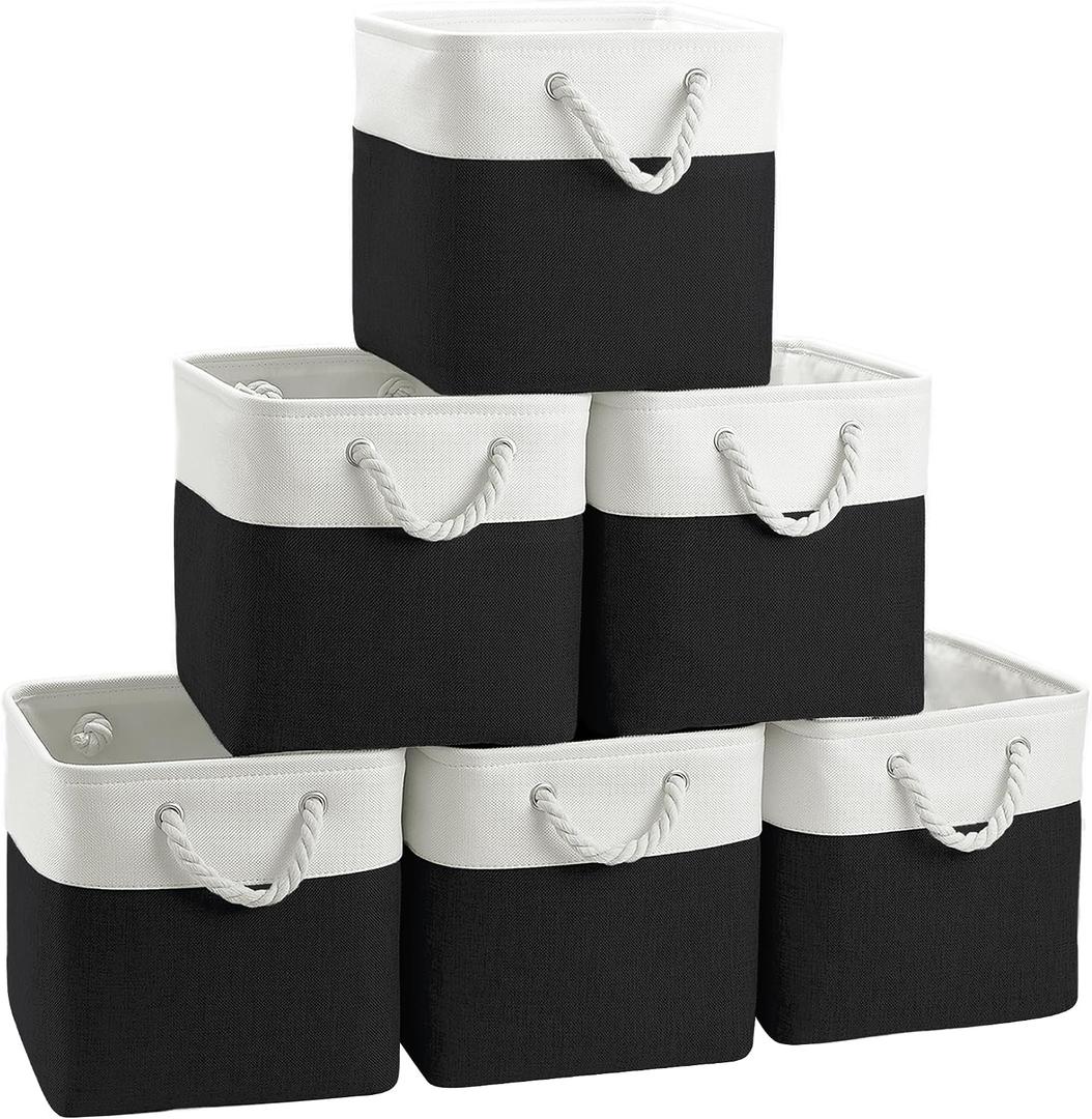 FinishingBo Large 11x11 Inch Cube Storage Bins with Cotton Handles for Closet, Shelves, Clothes, Towel (White/ Black-6 Pack)