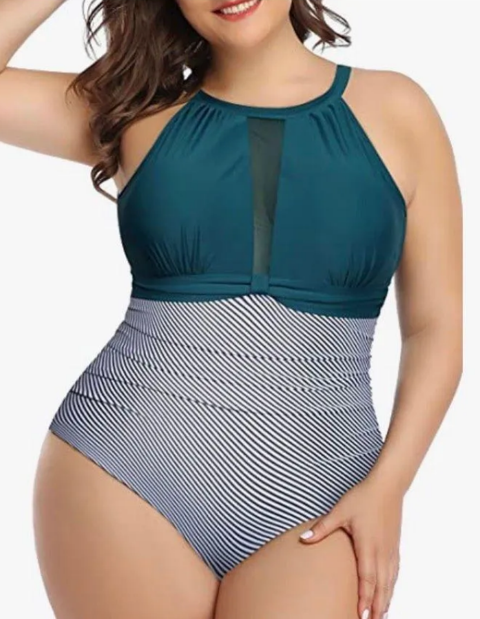 One Piece Aqua Eve Plus Size Swimsuit Women Swimsuit Tummy Control High Neck Bathing Suit Ruched Swimwear, Teal/Black/White, Size: 22W