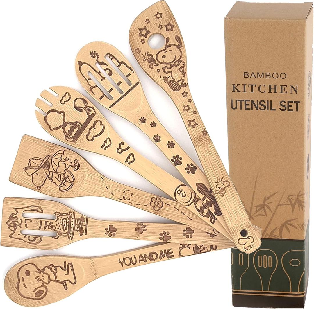 Bejky 6-Pcs Wooden Bamboo Spoons Set - Organic Food Cooking Utensils - Kitchen Accessories and Home Decor - Cookware Gifts for Women - Nonstick Easy Wash Spatulas - 3D Engraved Patterns (Cartoon Dog)