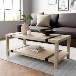 Modern Rectangular Coffee Table - 44-Inch White Washed Oak & Powder-Coated Metal - Industrial Style with Lower Shelf Storage - Coffee Tables for Living Room & Living Room Table