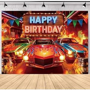 SVBright Racing Car Happy Birthday Backdrop 7Wx5H Western Vintage Retro West Brown Barn Door Rustic Farmhouse Country Fire Colorful Flags Decorations Photography Background Banner Photo Booth Studio
