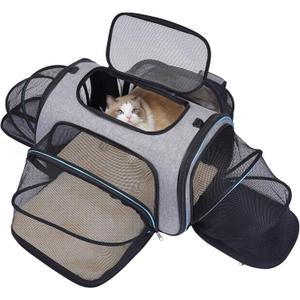 Siivton 4 Sides Expandable Pet Carrier, Airline Approved Soft-Sided Dog Cat Carrier Bag with Fleece Pad for Cats, Puppy and Small Animals (4 Extension Gray_Blue, L:18.0" L x 11.0" W x 11.0" H)