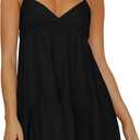 Womens V Neck Crisscross Backless Dresses Tie Back Sleeveless Ruffle Hem Flowy Swing A-Line Vintage Summer Mini Dress S