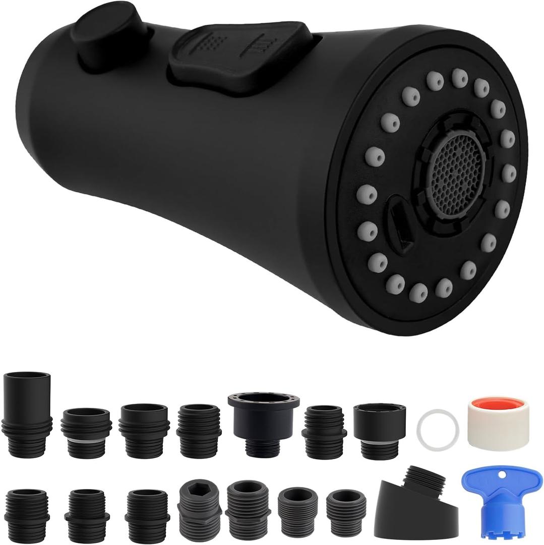 Hibbent Pull Down Kitchen Faucet Head Replacement, 3-Function Kitchen Sink Spray Nozzle with 15 Adapters, Compatible with Moen, American Standard, Delta, Kohler Faucets, Matte Black