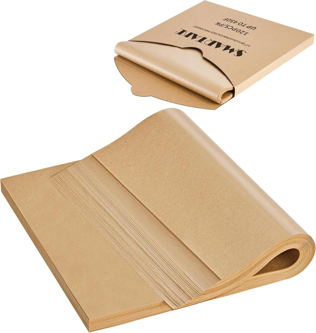 SMARTAKE 120Pcs Parchment Paper Sheets, 17x26 Inch Pre-Cut Baking Paper, Non-Stick, Natural Wood Pulp, for Air Fryer Steaming Grilling Rack Oven (Unbleached)