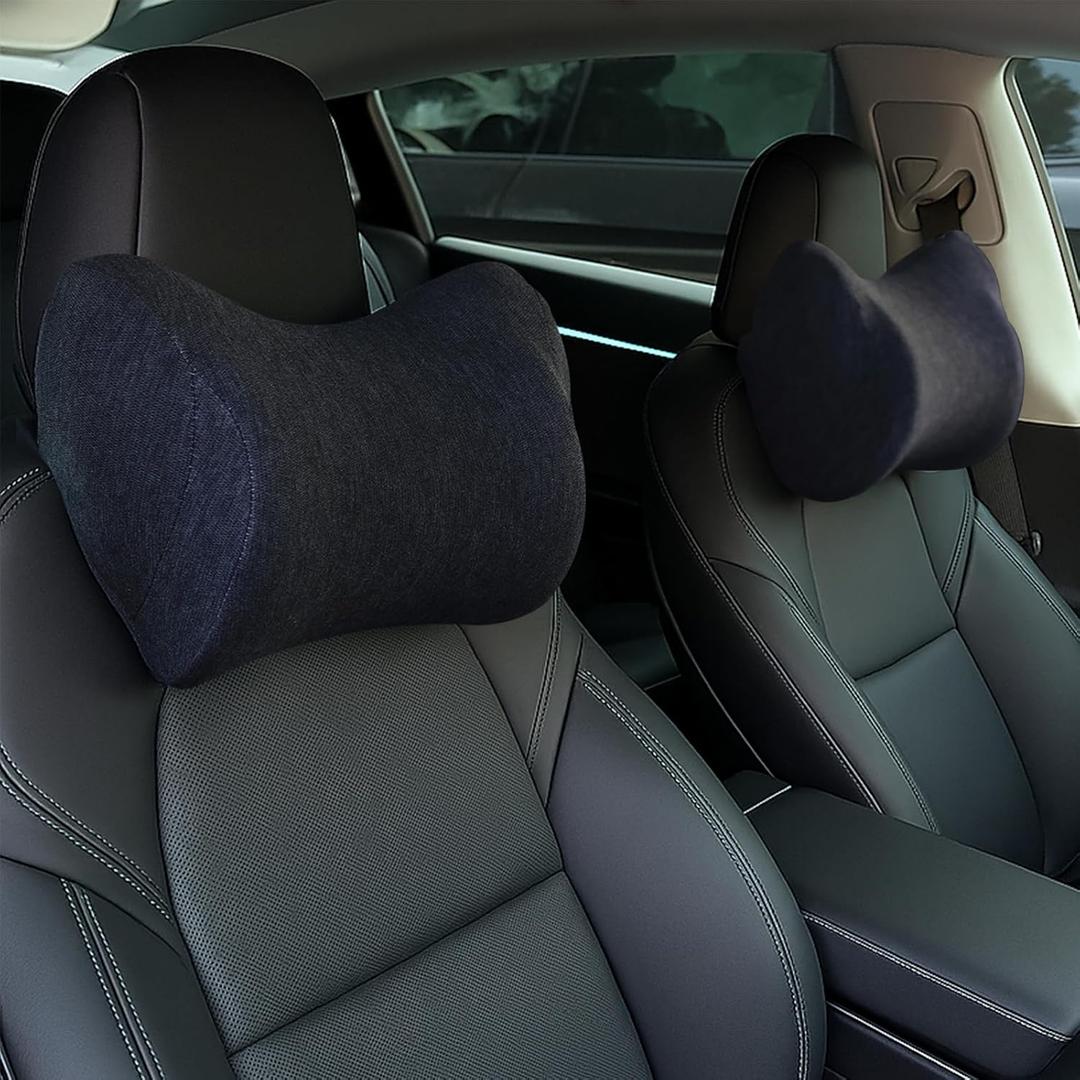 Car Neck Pillow, Car Headrest Pillow with Adjustable Strap for Neck Pain Relief 100% Memory Foam,Ergonomic Design2 Pack (Black1)