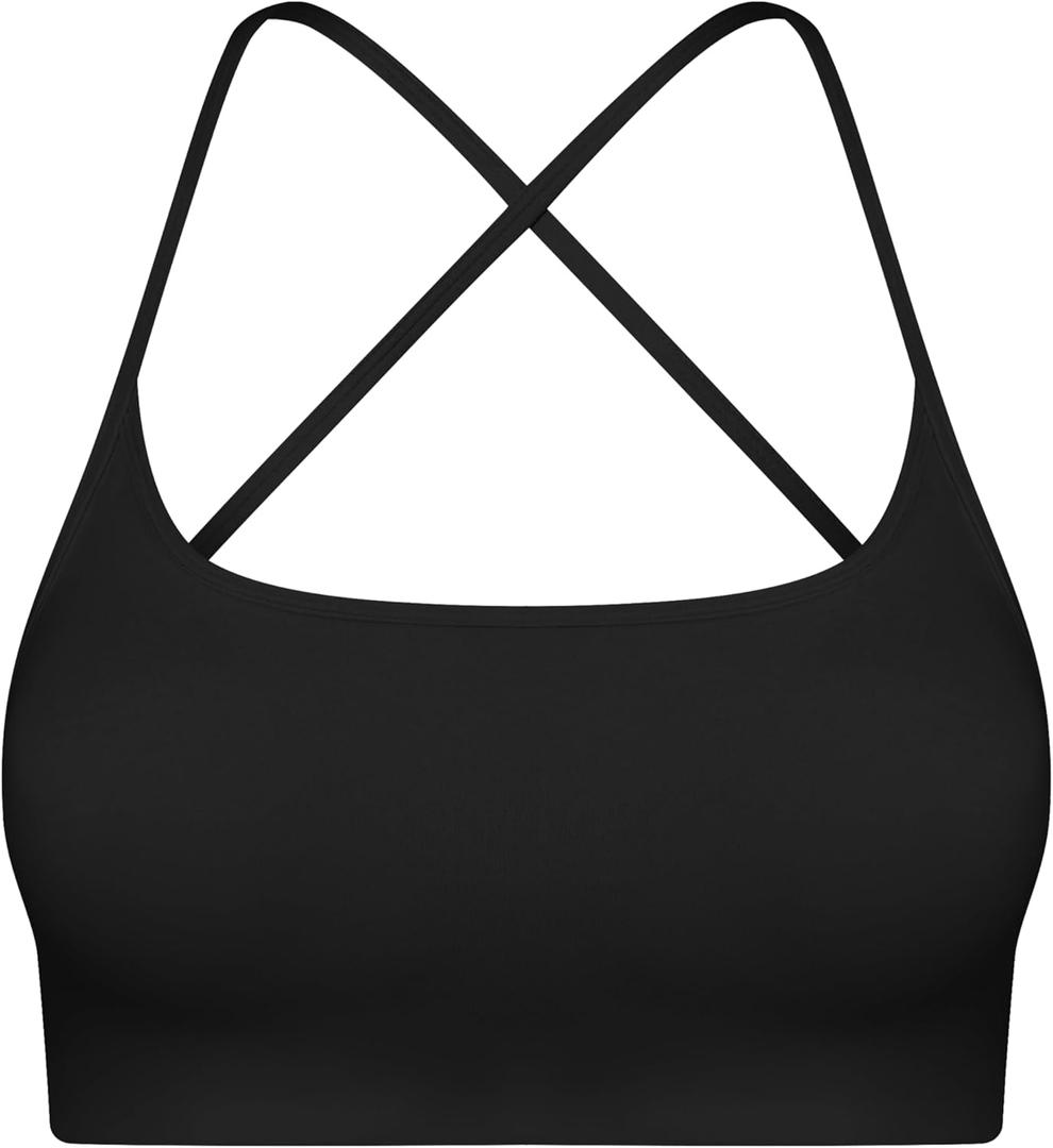Womens Backless Padded Sports Bra Low Impact for Yoga Pilates Stretching Lightweight Workout Crop Top with Removable Cups (Black)