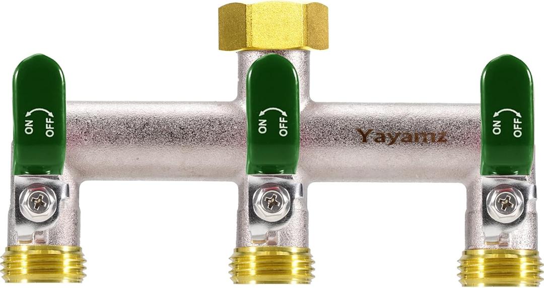 3 Way Garden Hose Splitter, Heavy Duty Brass Nickel Plated Rust Resistant Faucet Manifold, 3/4" Frost Resistant Outdoor Hose Adapter ConnectorHose Spigot Adapter with 3 Large Green Handles