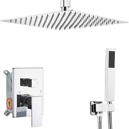 Heable Polished Chrome Shower System Bathroom 16 Inch Rain Shower Head Ceiling Mount with Handheld Luxury High Pressure Shower Combo Set Shower Faucet Rough-in Valve Body and Trim Kit