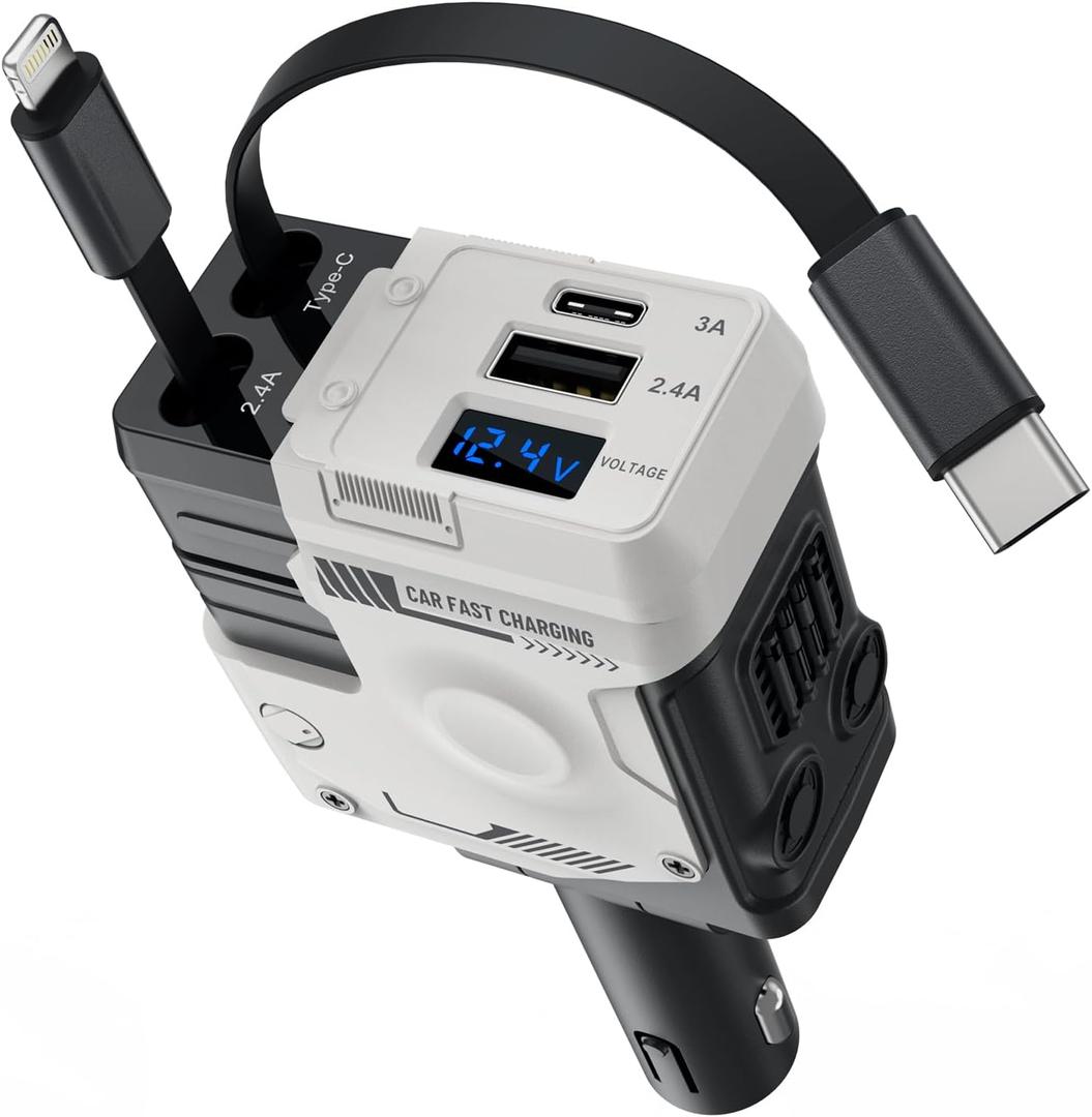 4 in 1 Retractable Car Charger, 127W Car Charger USB C Fast Charge with 2 Cables 2.6 FT and 2 USB Ports, 180 Adjustable Multi Port for iPhone/Ipad/Phone/Tablet/Laptop