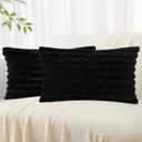 decorUhome Faux Fur Throw Pillow Covers 12x20 Set of 2, Decorative Soft Plush Striped Lumbar Neutral Couch Pillow Covers with Velvet Back for Sofa, Bed, Living Room Home Decor, Black