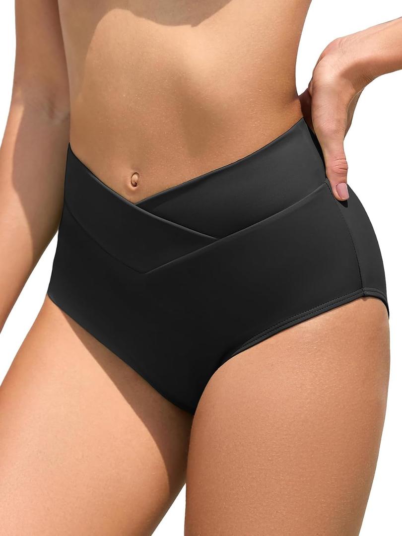 Women's High Waisted Bikini Bottoms V Cut Full Coverage Swim Bottoms Cross Front Bathing Suit Bottoms, Medium