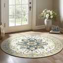 BESTSWEETIE 4ft Area Rug Washable Rugs for Living Room, No Pile Boho Carpet for Entryway Bedroom Dinning Room, Vintage Carpet Print Distressed Non-Slip, 48" Round, Grey Brown