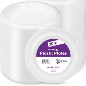 Munfix 200 White Plastic Plates Set - 9 Inch Disposable Dinner Plates Bulk Pack, for Party, BBQ, Picnic, Parties, Travel and Events, Microwavable Recyclable