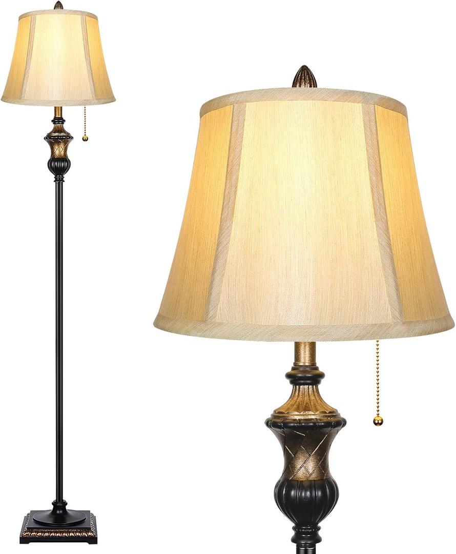 TOBUSA Traditional Floor Lamp, Classic Standing Lamp with Bronze Fabric Shade, Vintage Elegant Tall Pole Lamp for Living Room Bedroom Office Reading, Rustic Upright Floor Lights, Pull Chain Switch (Black)