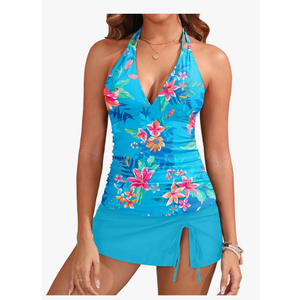 Yonique 2 Piece Swimsuits for Women Halter Tankini Top with Skirt Bottom Tummy Control Bathing Suit, Size -L