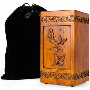Large Wooden Cremation Urns for Human Ashes, Handcrafted Butterfly Design, Symbolic Floral Art, for Adult Men and Women, with Velvet Bag - 270 Cubic Inches, wooden urn