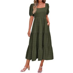 PRETTYGARDEN Women's Summer Dresses 2026 Puff Sleeve Square Neck High Waist Smocked A-Line Flowy Loose Fit Midi Dress
