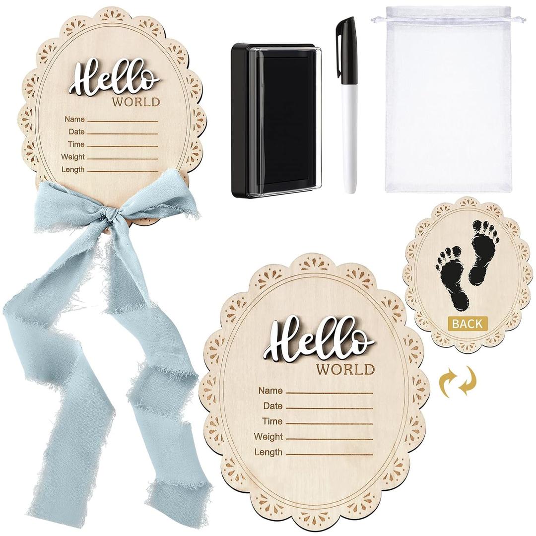 Baby Announcement Sign 7 Inch Double Sided Wooden Hello World Newborn Engraved Sign with Organza Bag Marker Pen Ink Pad Ribbon Bow for Baby Shower Hand Footprints Photo Prop (Blue Bow)