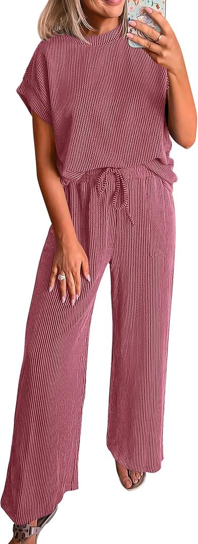 KIRUNDO 2 Piece Sets for Women Dressy Casual Ribbed Knit Short Sleeve Tops Wide Leg Pants Lounge Set Travel Airport Outfits, Large