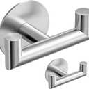 GWAAZXGZ 2 Pack Brushed Nickel Bathroom Hooks for Towels - Self Adhesive Double Hooks for Wall, No Drilling, Stainless Steel 304, Strong Hold for Robes, Coats, Shower Use