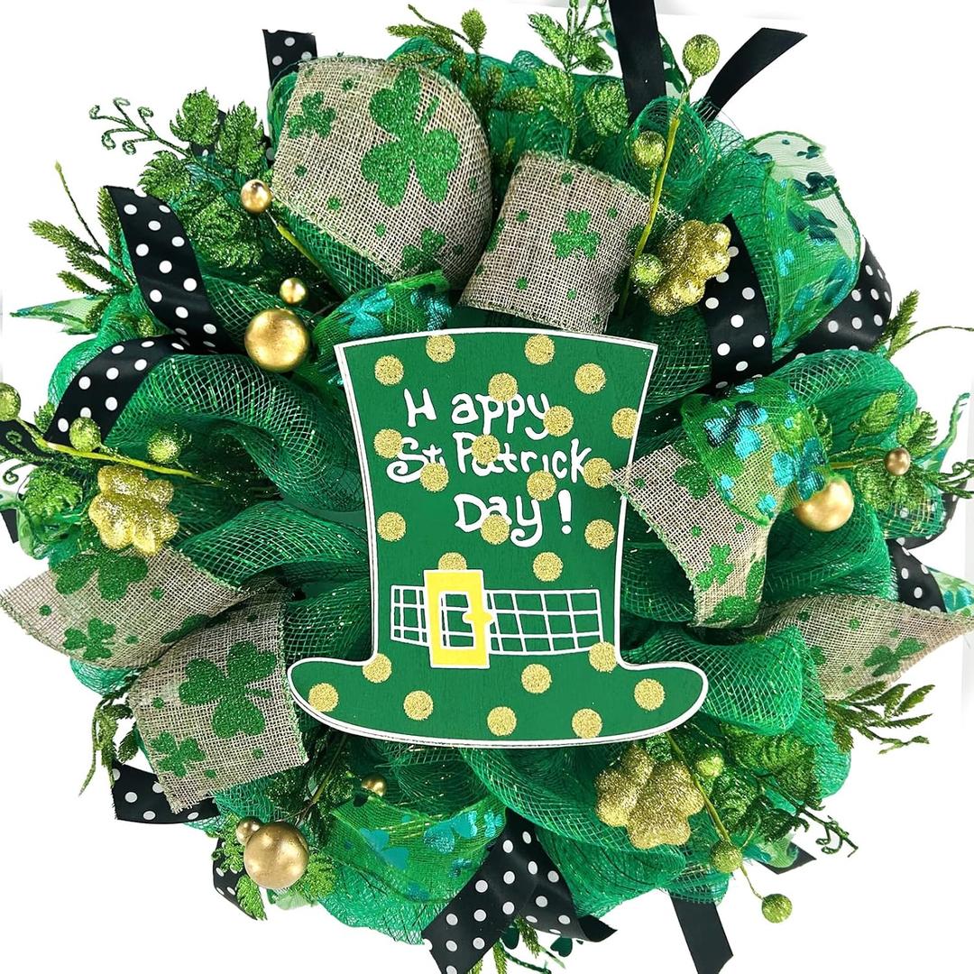 TEMPUS 16 Inch St. Patricks Wreath Decor Artificial Spring Shamrock Door Hanging with Mesh Tube, Yarn Ribbon & Berries, Indoor/Outdoor Holiday Wall Decor for Home, Farmhouse, Gifts