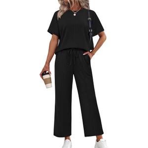 Sampeel Two Piece Sets for Women Summer Oversized Short Sleeve Wide Leg Pants Lounge Travel Vacation Outfits Clothes (Black, S)