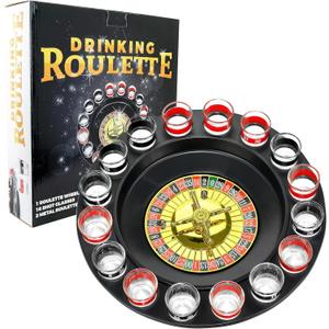 Shot Glass Roulette Drinking Game  16-Piece Red/Black Set with 2 Metal Balls, Fun Adult Party Game for White Elephant, Game Nights, and Gifts
