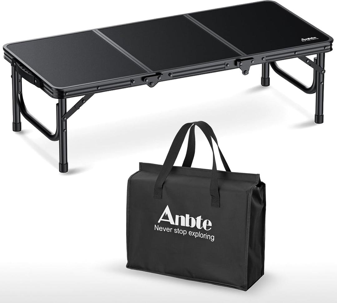 Anbte 3ft Low Folding Picnic Table, 10.3" Height Thicker Aluminum Small Camping Table with Storage Bag, Portable Handle, Lightweight, for Camping Beach Party Picnic Floor, 34.2" x 15.7", Black