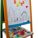 Double Sided Wooden Art Easel for Kids Standing Magnetic Whiteboard Chalkboard Small Toddler Toys. Includes Wooden ABC Numbers. Eco Friendly
