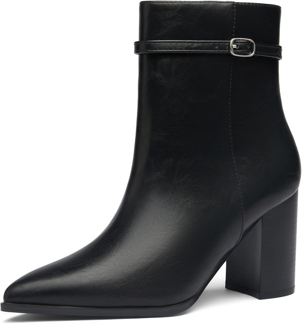 Womens Pointed Toe Ankle Boots, Chunky Heel Fashion Chelsea Booties with Side Zipper, 3.2 Inch Block Heeled Dress Boot Comfortable for Fall Winter (7, Black)