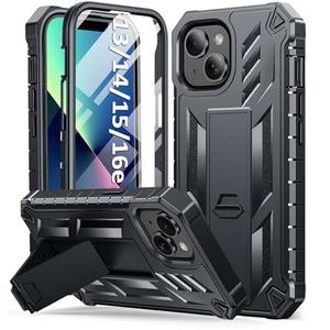SOiOS for iPhone 13/14/15 Phone Case: for iPhone 16e Protective Cover with Built-in Kickstand | Heavy Duty Military Grade Hard Protection Shock Proof | Durable Dual-Layer Design Black