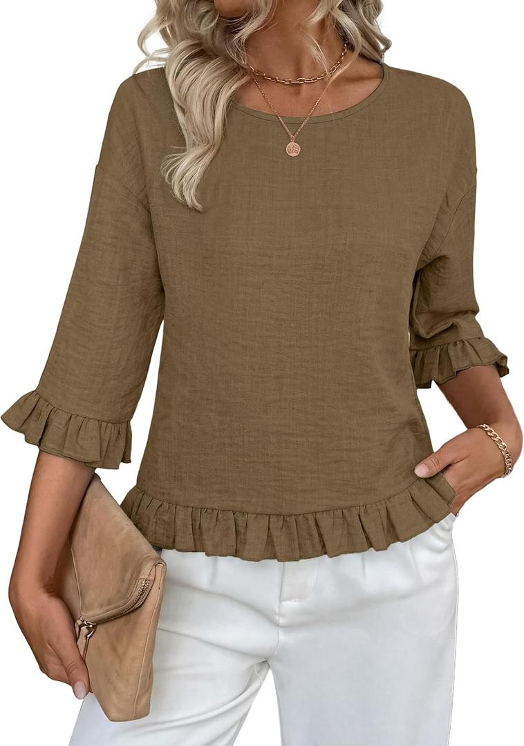 Siliteelon Womens 3/4 Sleeve Tops Summer Tshirts Ruffle Flowy Crew Neck Dressy Casual Blouses 2026 Trendy Cute Work Outfits (Small, Coffee)