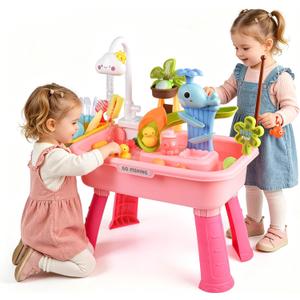 Upgraded 4-in-1 Sand Water Table for Toddlers 1-3, Kids Sensory Table with Electric Water Pump & Cloud Faucet, Play Kitchen Sink with Food Accessories, Fishing Toy Adjustable Height (Pink)