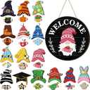 Qunclay Interchangeable Wooden Gnome Decor Holiday Seasonal Gnome Decorations with Magnet Pieces and Detachable Hats Changeable Welcome Sign for Home (Black Style)