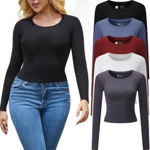 FMNNNN 5 Pack Womens Activewear T Shirts Long Sleeve Crop Tops Crew Neck Ribbed Cotton Workout Fall Winter Apparel Soft Ladies Tees Moisture Wicking Fitted Casual Stretchy Basic Running Clothing (XXL)