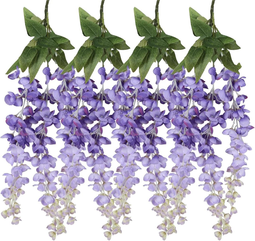 IPOPU 4PCS Purple Wisteria Artificial Flower 23.6inch Silk Wisteria Hanging Flowers Lifelike Flower for Outdoors Courtyard Home Wedding Wall Party Decor(Purple)