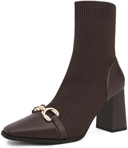 NEWBELLA Women's Ankle Boots - Knit Stretch Booties with Round Toe, Chunky Platform Block Heel Pull-On Chelsea Boots for Casual Streetwear, Daily Commute & Night Out, 8