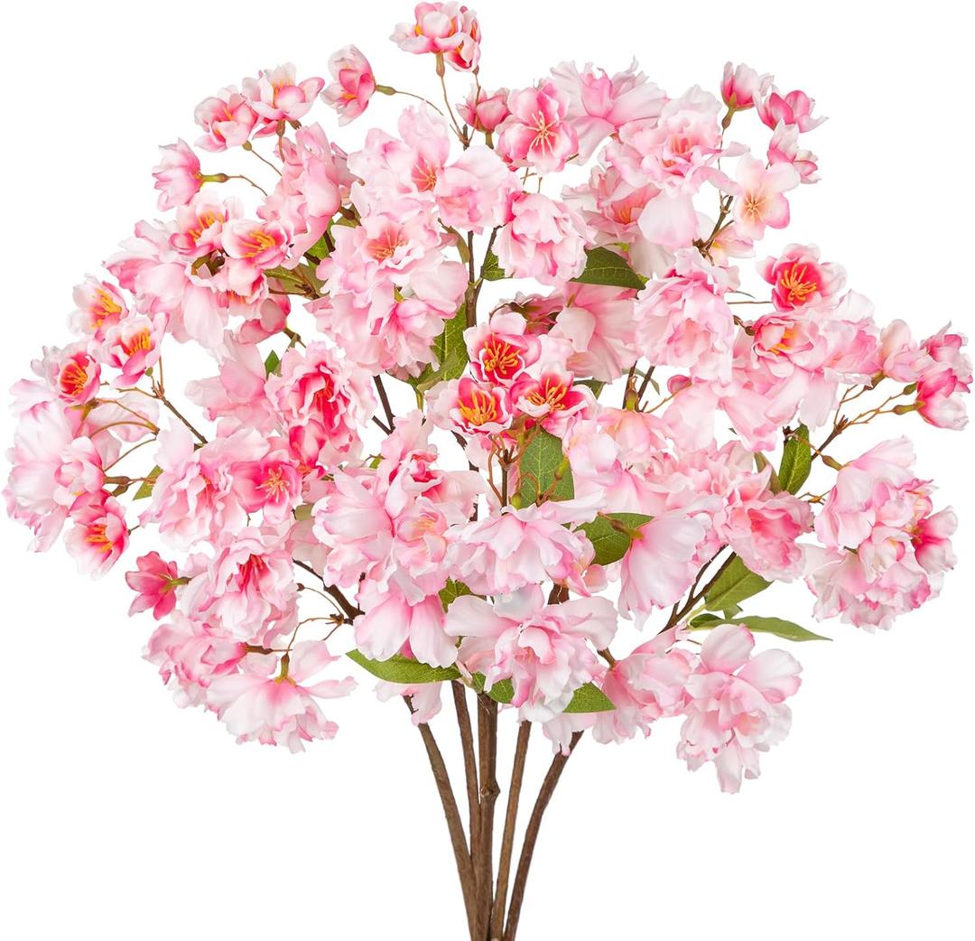 6 Pcs Artificial Cherry Blossom Branches 18.5 Faux Cherry Flowers Pink Fake Silk Flowers Artificial for Decoration Spring Peach Bouquet Table Centerpiece Decor Vase Home Wedding Kitchen Party Garden