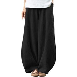 IXIMO Women's Casual Cotton Linen Baggy Pants with Elastic Waist Relax Fit Lantern Trouser (Medium, Black)